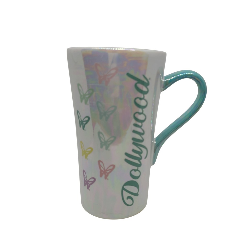 Dollywood Iridescent Butterfly Latte Mug White Teal Pearlescent Souvenir‎ 16oz